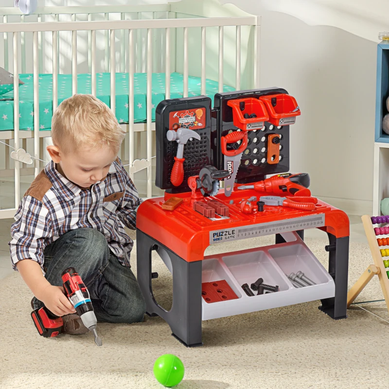 Qaba Kids Tool Workbench, Pretend Play Construction Workshop with 46 Realistic Toy Tools for Kids Ages 3 years