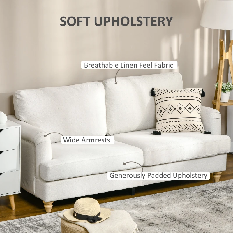 HOMCOM Modern 3-Seater Sofa for Bedroom, 71" Linen Fabric Couch with Slatted Frame and Rubber Wood Legs - Cream White