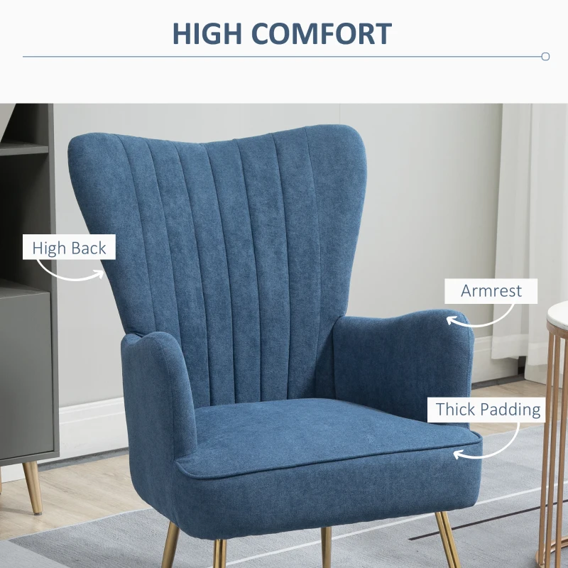 HOMCOM Velvet Accent Chairs, Modern Living Room Chair, Tall Back Leisures Chair with Steel Legs for Bedroom, Dinning Room, Waiting Room, Blue