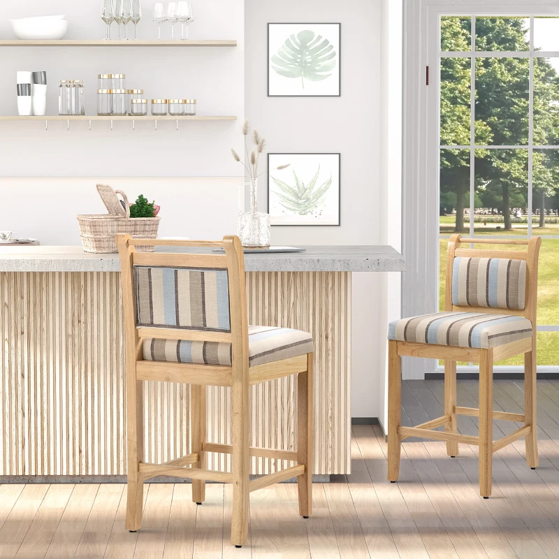 HOMCOM 25.5" Counter Height Bar Stools Set of 2, Farmhouse Kitchen Stool, Bar Chairs with Back, Padded Cushion, Wood Legs, Natural