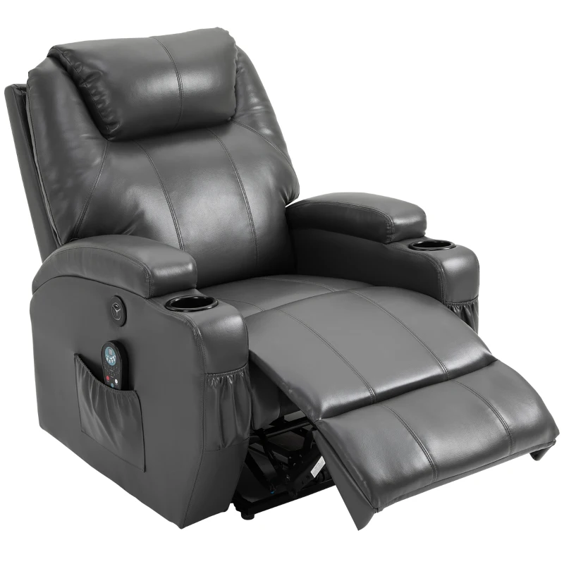 HOMCOM Multi-Pressure-Level Massage Chair with USB Charger, Back and Lumbar Support, Thick Armrests, Faux Leather Recliner Chair, 8-Point Massage Recliner, Charcoal Gray