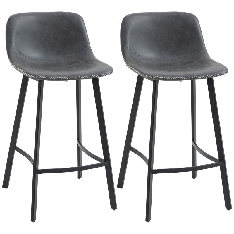 HOMCOM 27.25" Counter Height Bar Stools, Set of 2, Industrial Kitchen Stools, Upholstered Armless Bar Chairs with Back, Steel Legs, Grey