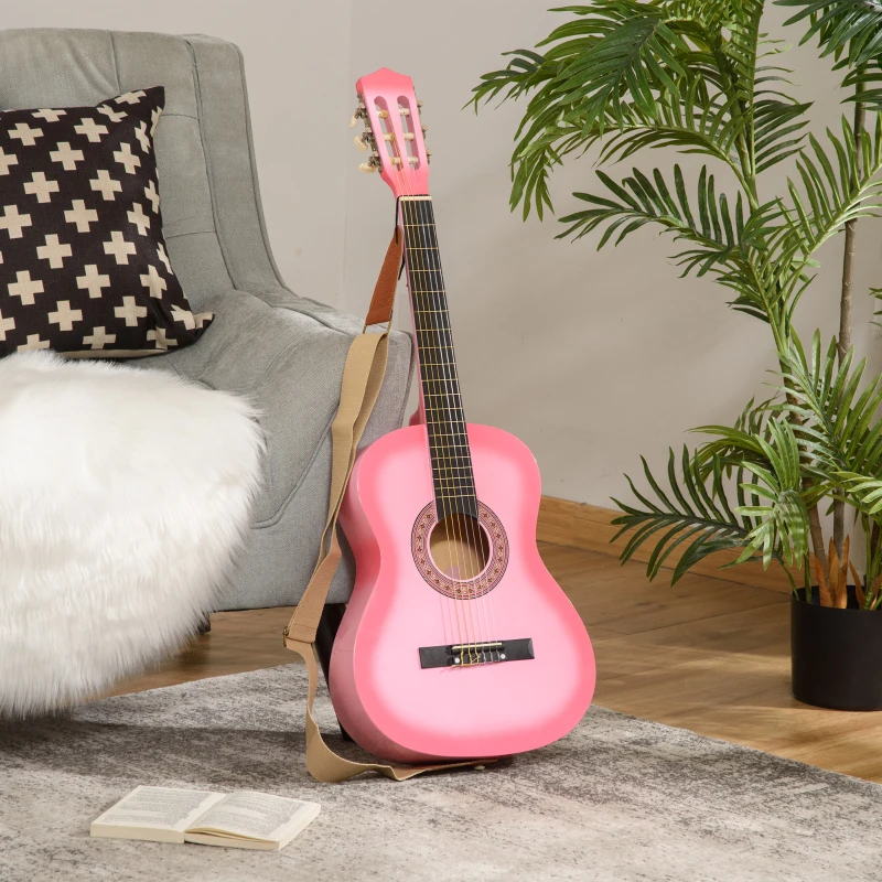 Soozier 36" Kids Acoustic Guitar Set with Easy Strings, Tuner, Picks, and Waterproof Case Included, Beginner Acoustic Guitar for Kids, Portable Acoustic Child Guitar, Pink