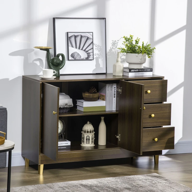 HOMCOM Kitchen Sideboard, Buffect Cabinet with Double Door Cupboard, 3 Drawers, Adjustable Shelf, Brown