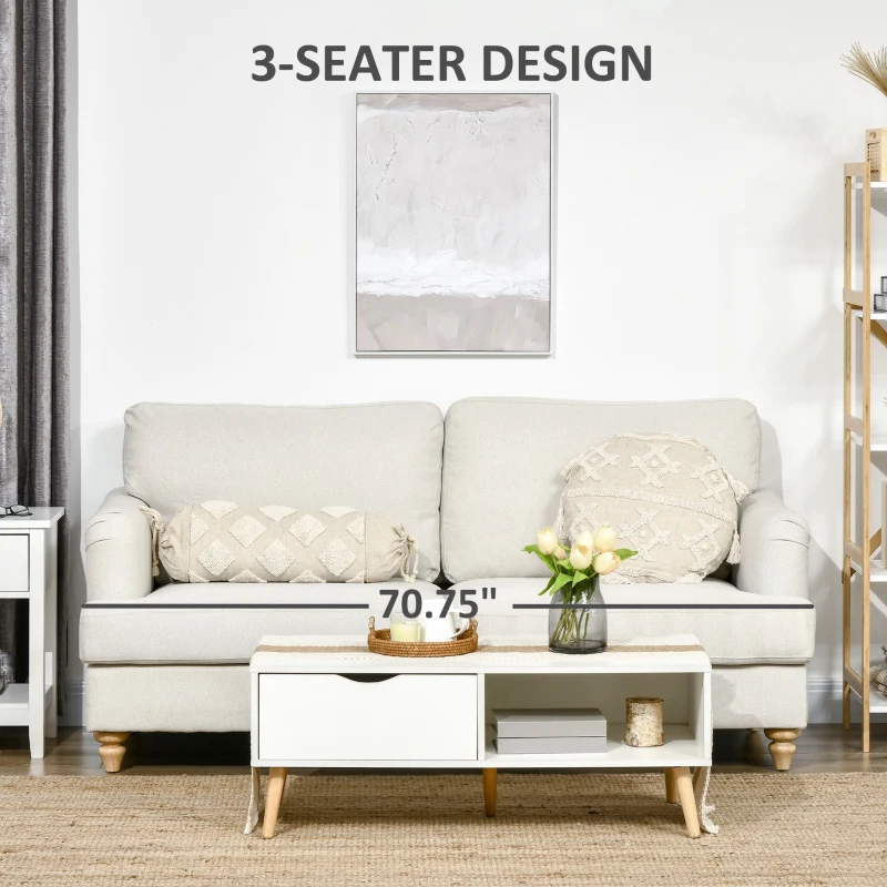 HOMCOM Modern 3-Seater Sofa for Bedroom, 71" Linen Fabric Couch with Slatted Frame and Rubber Wood Legs - Cream White