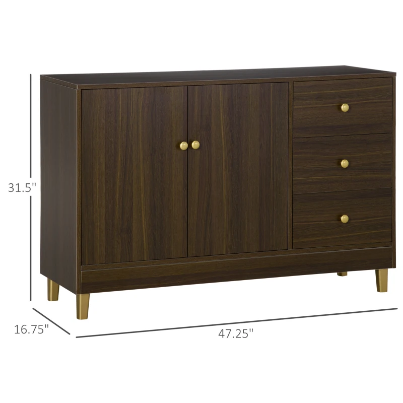 HOMCOM Kitchen Sideboard, Buffect Cabinet with Double Door Cupboard, 3 Drawers, Adjustable Shelf, Brown
