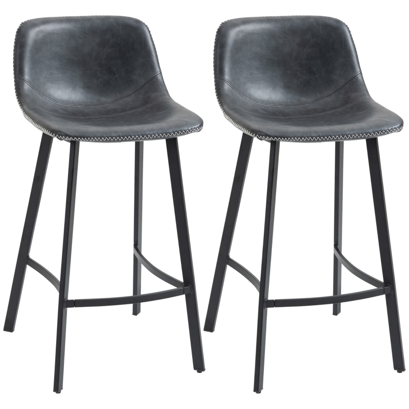 HOMCOM 27.25" Counter Height Bar Stools, Set of 2, Industrial Kitchen Stools, Upholstered Armless Bar Chairs with Back, Steel Legs, Black