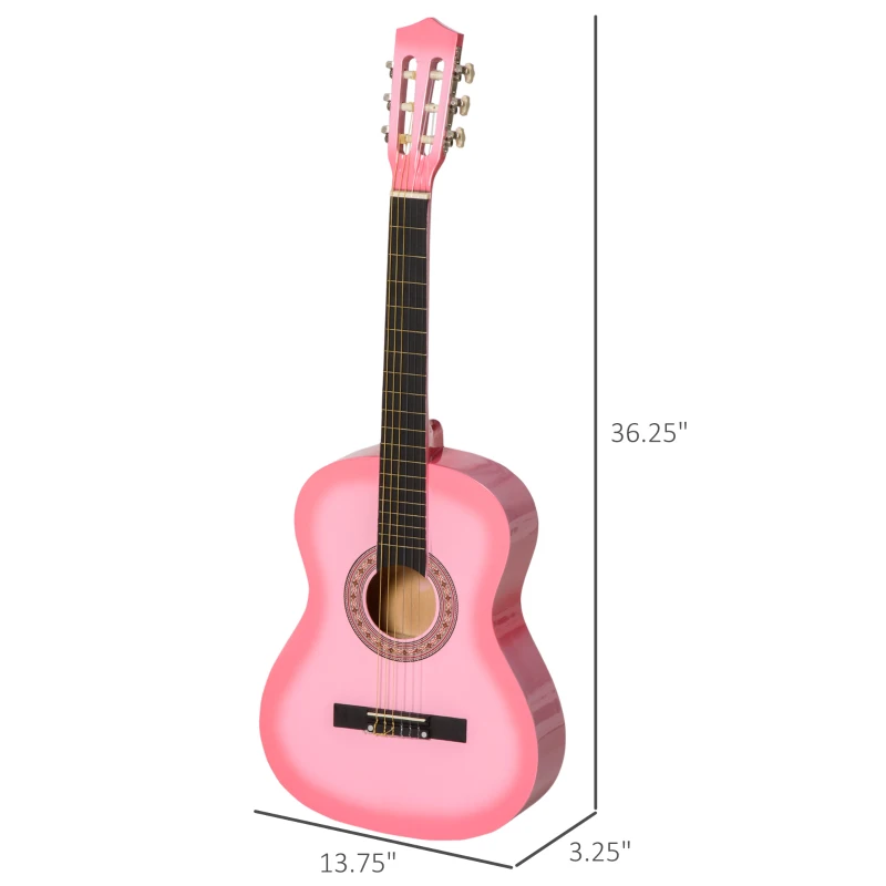 Soozier 36" Kids Acoustic Guitar Set with Easy Strings, Tuner, Picks, and Waterproof Case Included, Beginner Acoustic Guitar for Kids, Portable Acoustic Child Guitar, Pink