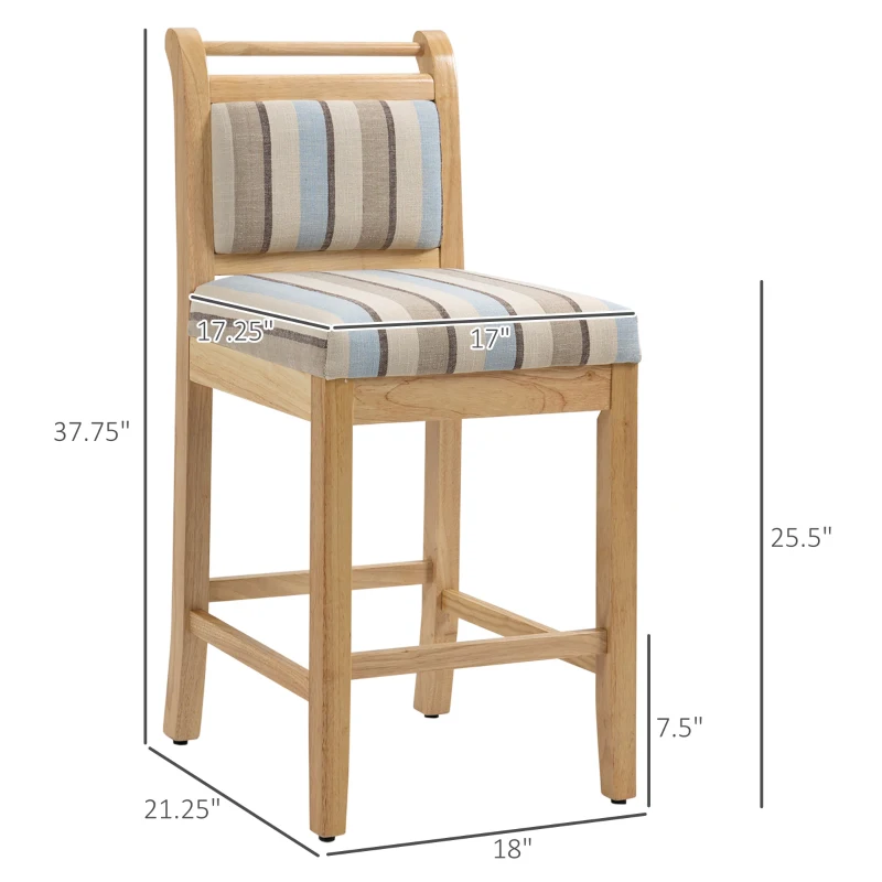 HOMCOM 25.5" Counter Height Bar Stools Set of 2, Farmhouse Kitchen Stool, Bar Chairs with Back, Padded Cushion, Wood Legs, Natural