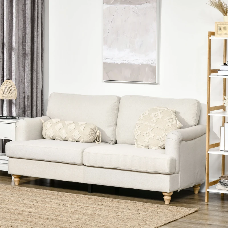 HOMCOM Modern 3-Seater Sofa for Bedroom, 71" Linen Fabric Couch with Slatted Frame and Rubber Wood Legs - Cream White