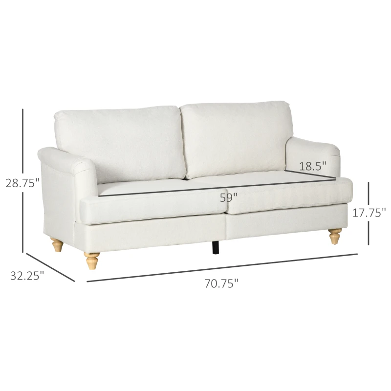HOMCOM Modern 3-Seater Sofa for Bedroom, 71" Linen Fabric Couch with Slatted Frame and Rubber Wood Legs - Cream White