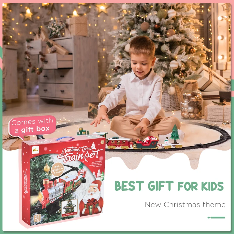 Qaba Christmas Train Set for Kids with 2 Playing Forms, Tree-mounted or Floor-playing Battery-Powered Christmas Train Toy Set with Sounds & Lights, Holiday Toy Gift for Kids 3-8 Years Old