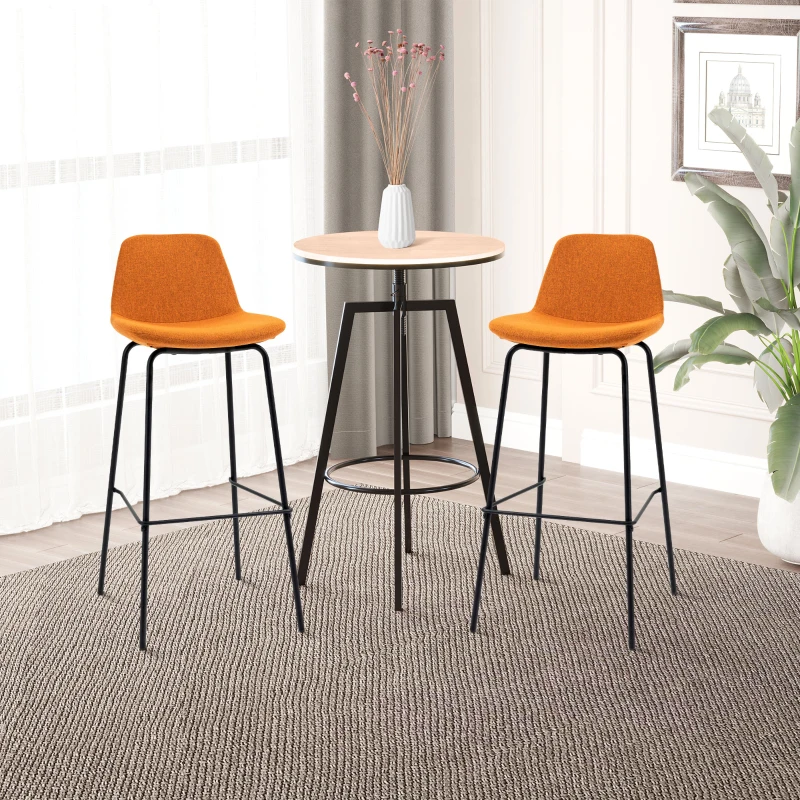 HOMCOM 29.5" Bar Stools Set of 2, Upholstered Extra Tall Barstools, Armless Bar Chairs with Back, Steel Legs, Orange