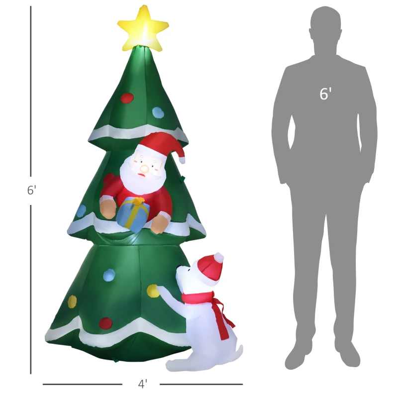 Outsunny 6ft Inflatable Christmas Tree Decorations with Santa Claus and A White Dog, Blow-Up Outdoor LED Yard Christmas Decor for Lawn Garden Party