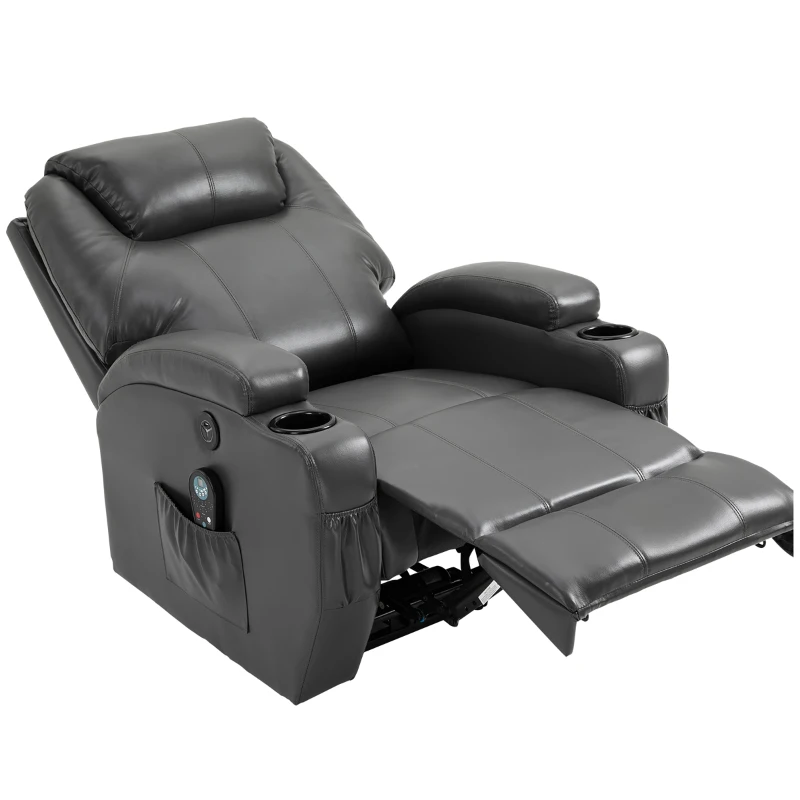 HOMCOM Multi-Pressure-Level Massage Chair with USB Charger, Back and Lumbar Support, Thick Armrests, Faux Leather Recliner Chair, 8-Point Massage Recliner, Charcoal Gray