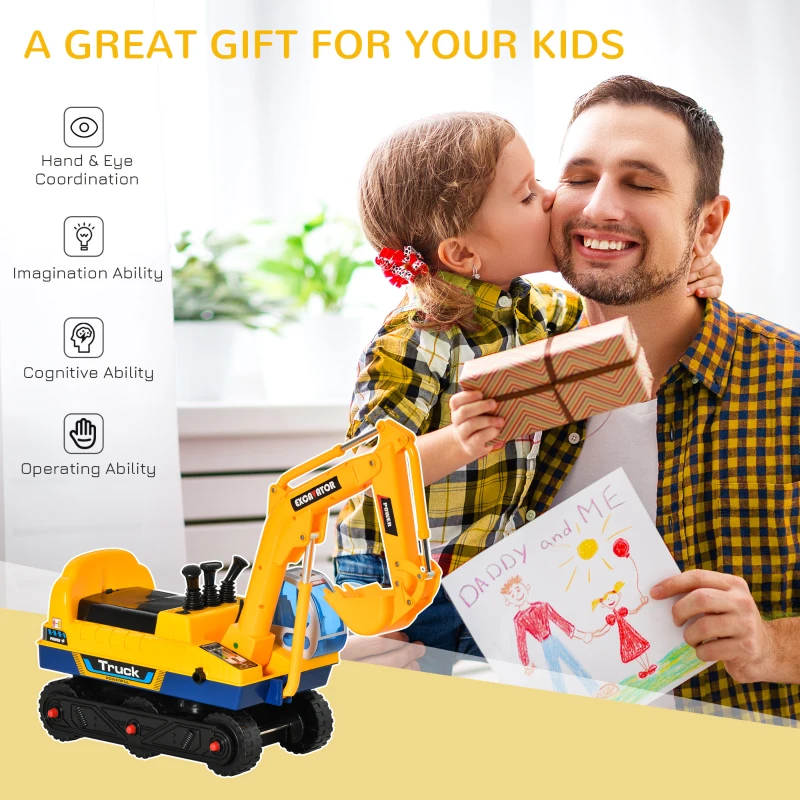 Qaba Kids  Ride-on Excavator Toy for Toddlers with Sound Effects and Safety Helmet, Outdoor Construction Toy with Electric Controllable Digging Bucket, Yellow