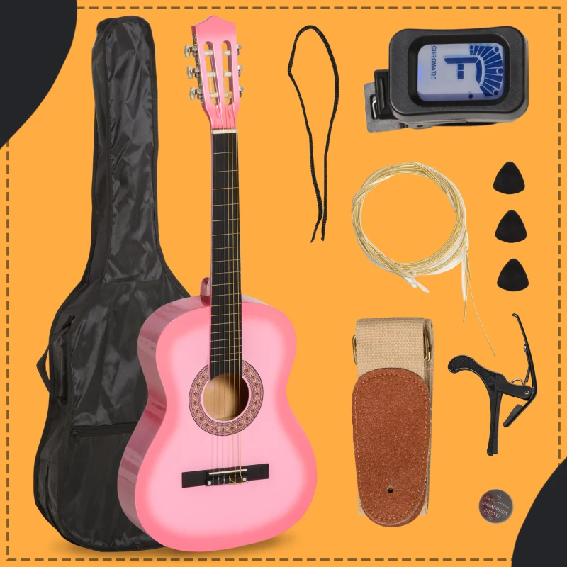 Soozier 36" Kids Acoustic Guitar Set with Easy Strings, Tuner, Picks, and Waterproof Case Included, Beginner Acoustic Guitar for Kids, Portable Acoustic Child Guitar, Pink