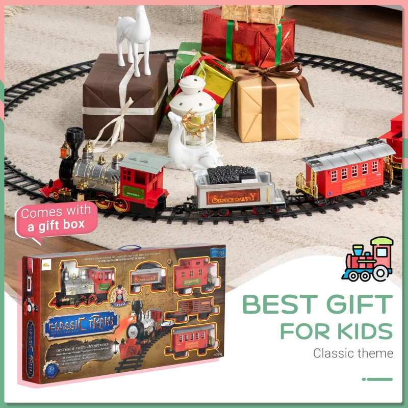 Qaba Electric Train Set for Kids, Battery-Powered Classic Train Toy Set with Sounds & Lights, Toy Train Set with Gifts Box for 3-8 Years Old Boys Girls, Multicolored
