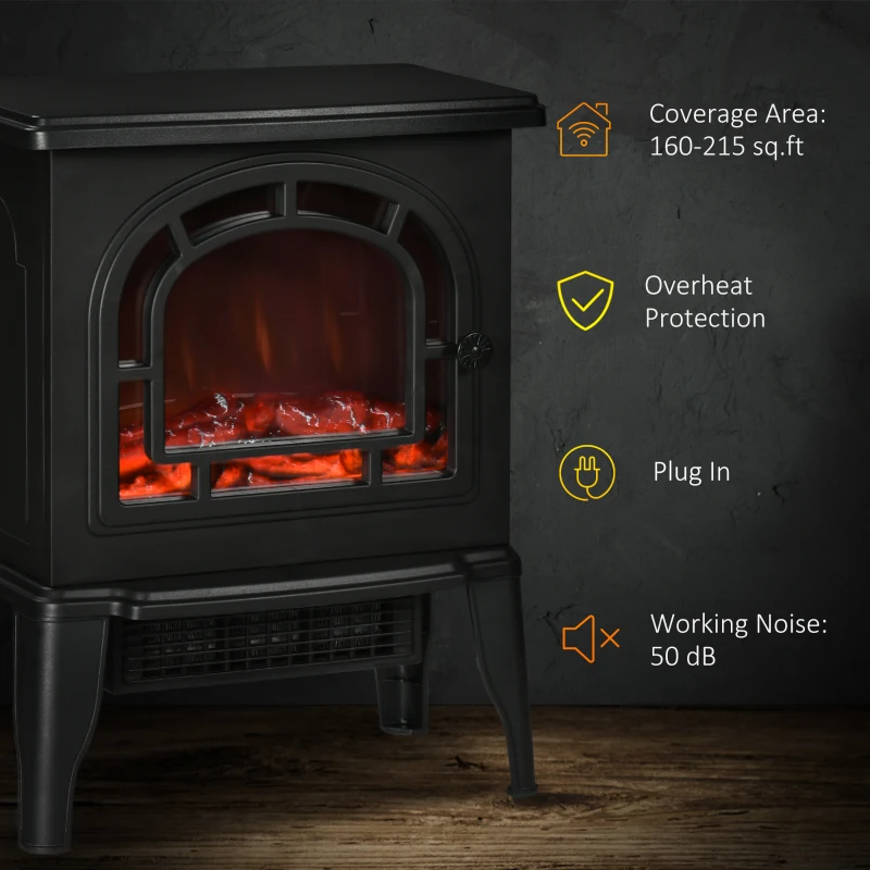 HOMCOM 18" Electric Fireplace Stove, Freestanding Fireplace Heater with Realistic LED Flame, Adjustable Temperature, Overheat Protection, 750W/1500W, Black