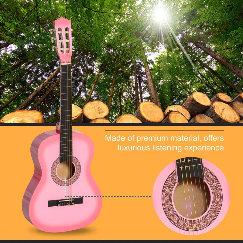 Soozier 36" Kids Acoustic Guitar Set with Easy Strings, Tuner, Picks, and Waterproof Case Included, Beginner Acoustic Guitar for Kids, Portable Acoustic Child Guitar, Pink