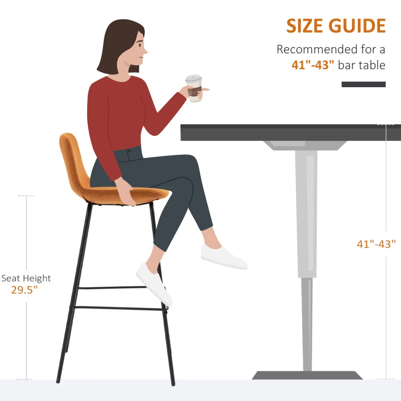 HOMCOM 29.5" Bar Stools Set of 2, Upholstered Extra Tall Barstools, Armless Bar Chairs with Back, Steel Legs, Orange