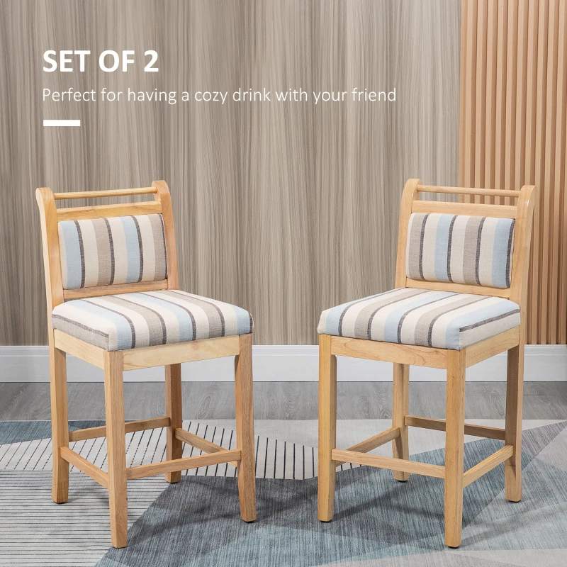 HOMCOM 25.5" Counter Height Bar Stools Set of 2, Farmhouse Kitchen Stool, Bar Chairs with Back, Padded Cushion, Wood Legs, Natural
