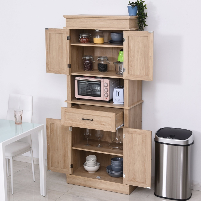 HOMCOM 72"H Modern Freestanding Kitchen Pantry Cabinet Cupboard with Doors Open Shelves Adjustable Shelving Microwave Space, Oak