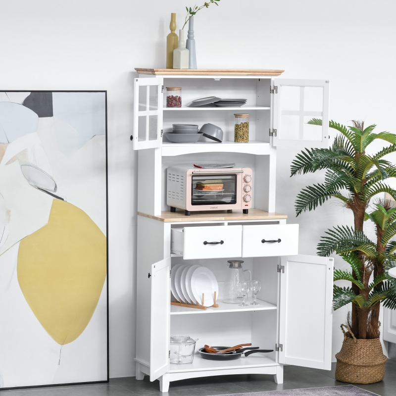 HOMCOM Coastal Style Kitchen Buffet and Hutch Wooden Storage Cabinet with Framed Glass Door Drawers Microwave Space for Dining Room Living Room White