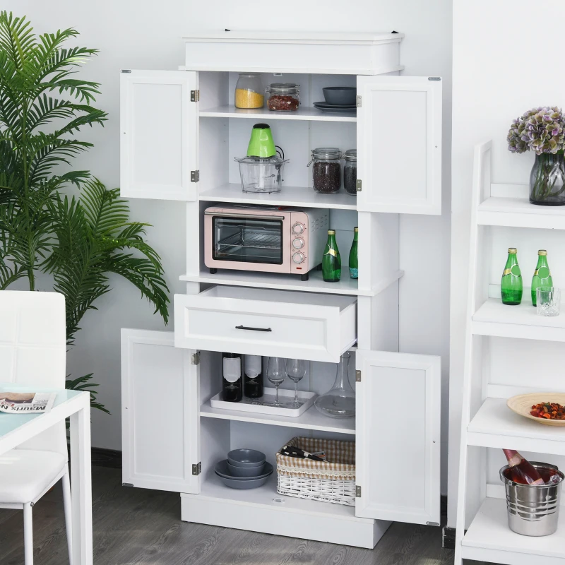 HOMCOM 72"H Modern Freestanding Kitchen Pantry Cabinet Cupboard with Doors, Open and Adjustable Shelves, White