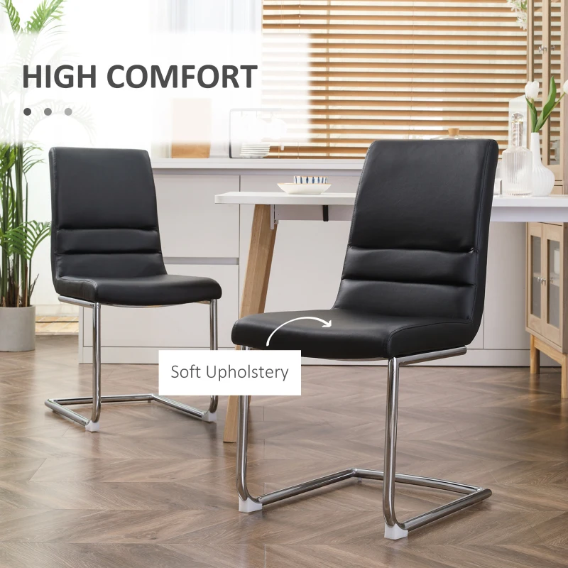 HOMCOM High-Back Dining Chairs Set of 2, PU Leather Accent Kitchen Chairs for Dining Room, Living Room with Bent Steel Base, Black