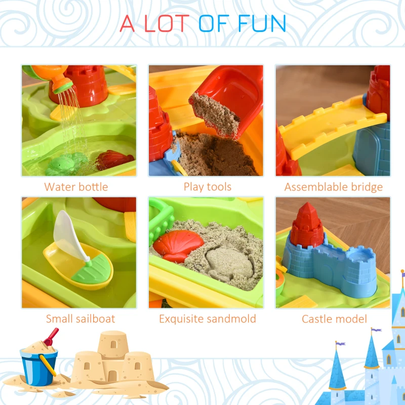 Qaba 23PCs Kids Sand and Water Table Beach Play Toddler Activity Sandbox Summer Beach Toy sets with Castle Shape Molds Lid Accessories Multicolor