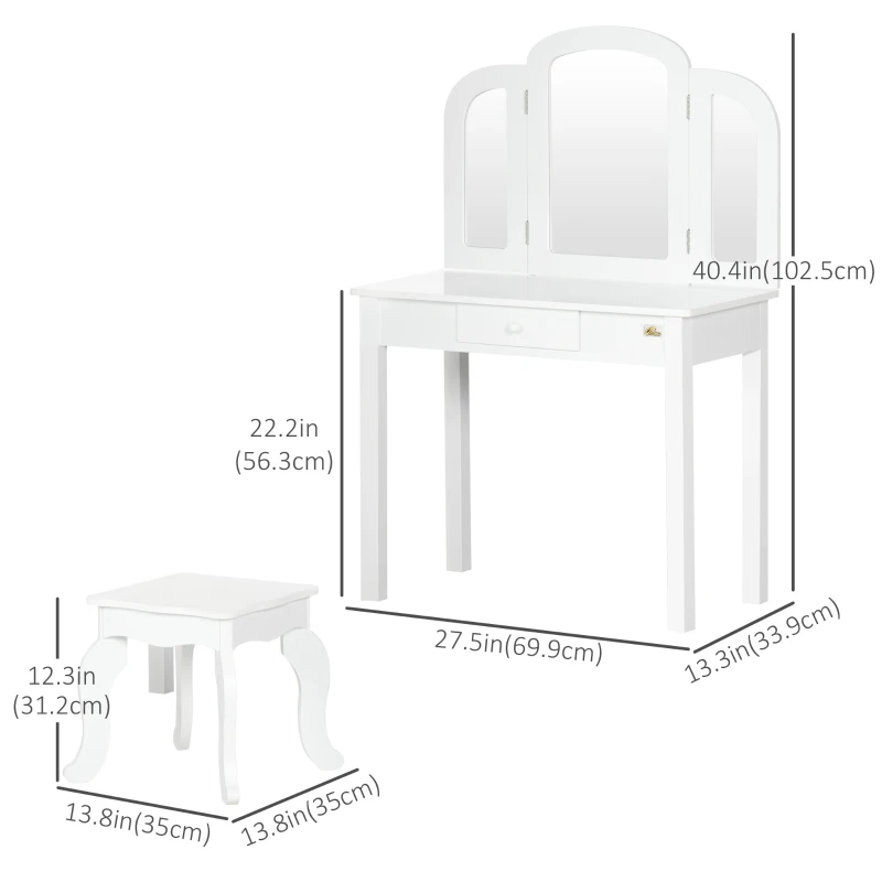 Qaba Kids Vanity Table & Chair Set, Girls Dressing Set, Make Up Desk with Tri-folding Mirrors, Drawer, White