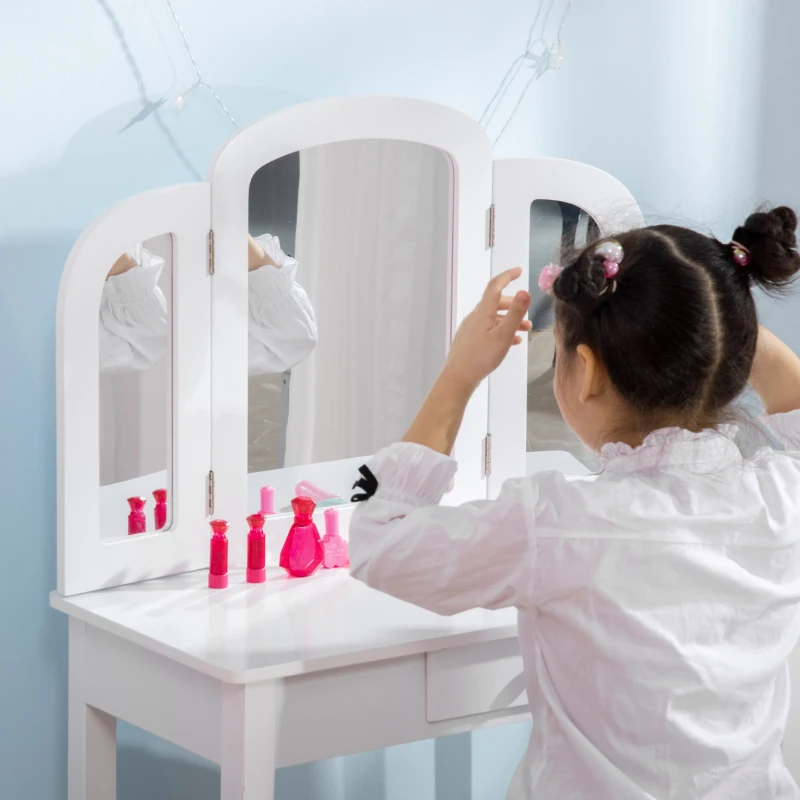 Qaba Kids Vanity Table & Chair Set, Girls Dressing Set, Make Up Desk with Tri-folding Mirrors, Drawer, White