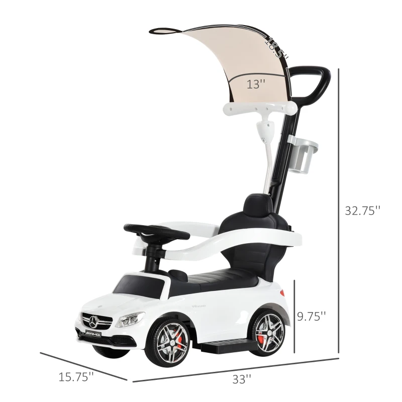 Aosom 3 in 1 Ride on Push Car Sliding Walking Car for Toddlers Kids with Sun Canopy, Horn Sound, Safety Bar, Cup Holder for 12-36 Months Boys Grils, White