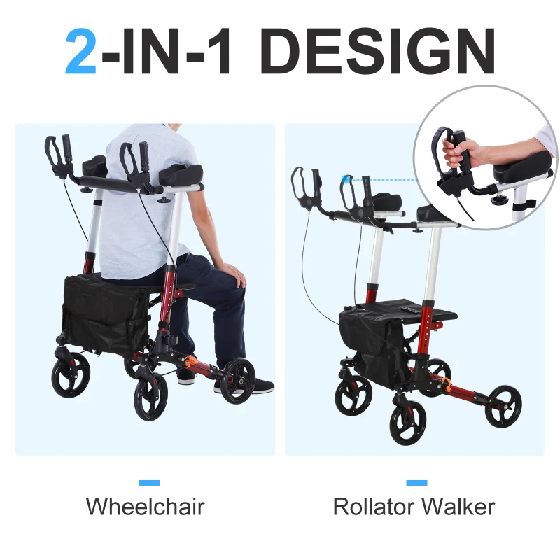 HOMCOM Folding Upright Rollator Walker Lightweight, Height Adjustment with Armrest, 1 Hand Folding Design with Removable Storage Bag, Crutch Holder Stand Up Walking Aid