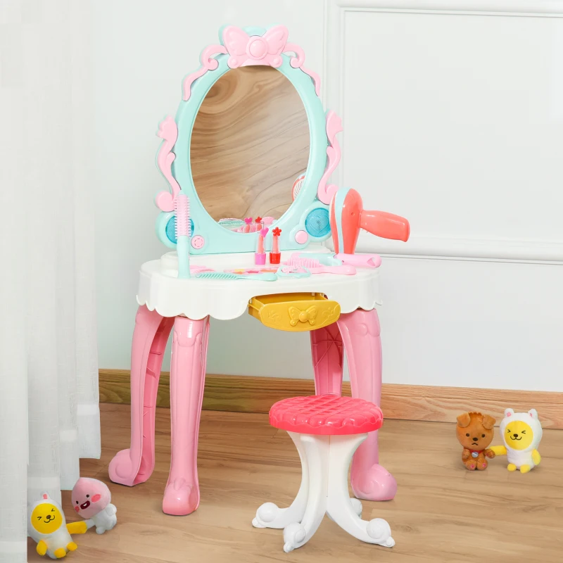 Qaba Kids Vanity Makeup Table Set with Chair and 20-Piece Collection, Princess Vanity Table and Stool with Mirror Lights, Imaginative Toy for 3-4 Years Old