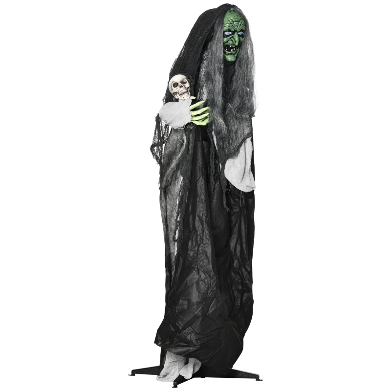 Outsunny 65" Life Size Outdoor Halloween Decorations Green Witch with Skull, Animated Prop Animatronic Décor with  Sound and Motion Activated, Light Up Eyes, Spooky Scream Sound