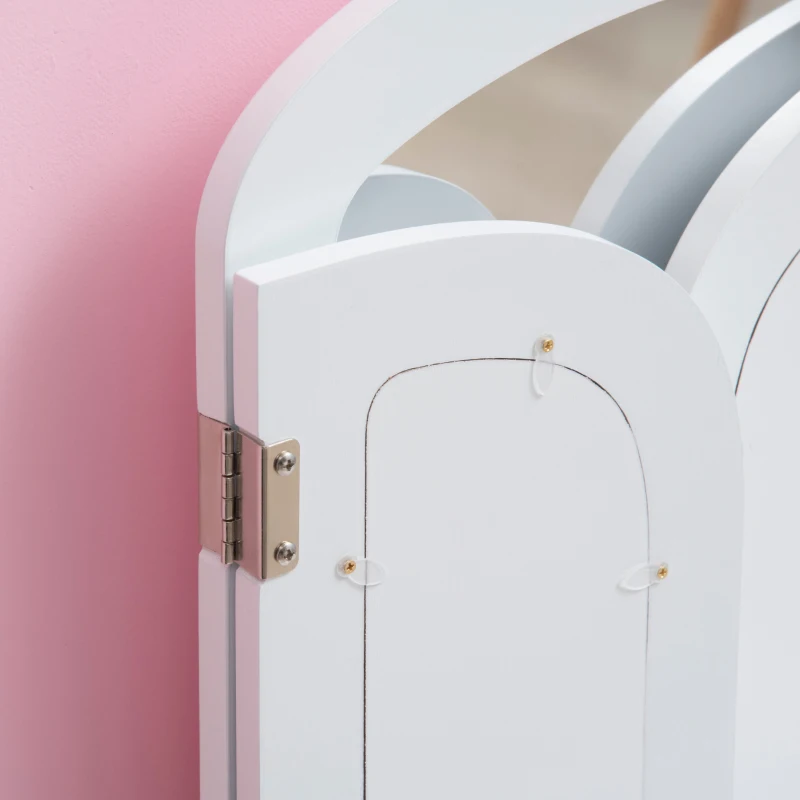 Qaba Kids Vanity Table & Chair Set, Girls Dressing Set, Make Up Desk with Tri-folding Mirrors, Drawer, White