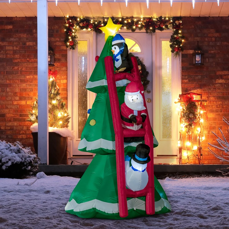 Outsunny 8ft Inflatable Christmas Tree with Santa Claus, Penguin and Snowman on Ladder, Blow-Up Outdoor LED Yard Display for Lawn Garden Party