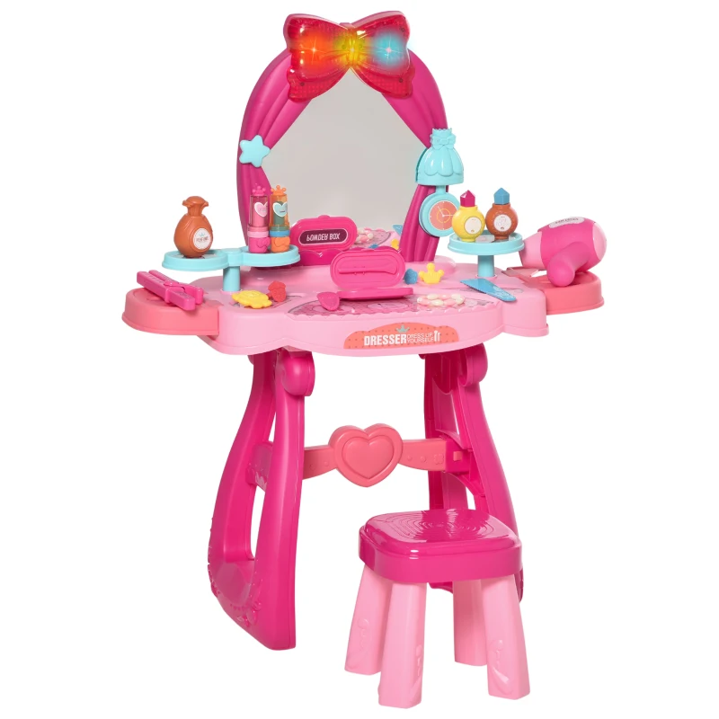 Qaba Pink Kids Vanity Makeup Table Set with Chair, 36-Piece Set Princess Vanity Table and Comfortable Safe Stool, Imaginative Toy, with Mirror Lights, Music, Bright Red, Pink