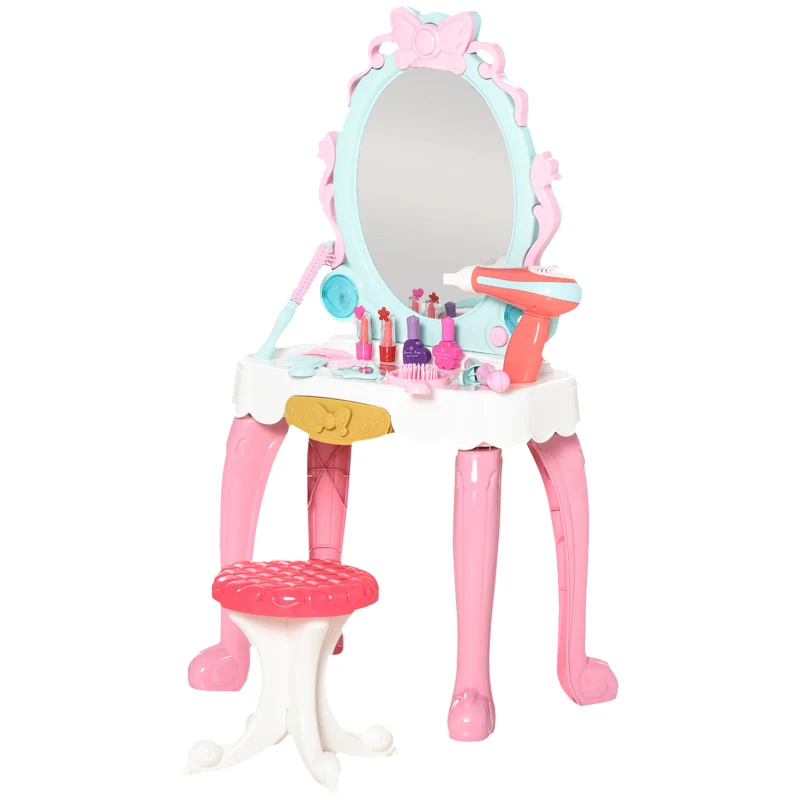 Qaba Kids Vanity Makeup Table Set with Chair and 20-Piece Collection, Princess Vanity Table and Stool with Mirror Lights, Imaginative Toy for 3-4 Years Old