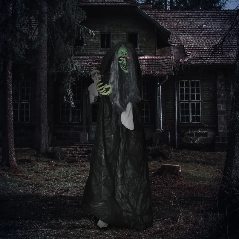 Outsunny 65" Life Size Outdoor Halloween Decorations Green Witch with Skull, Animated Prop Animatronic Décor with  Sound and Motion Activated, Light Up Eyes, Spooky Scream Sound