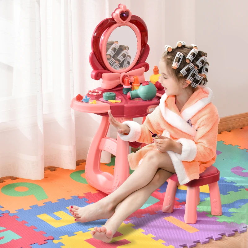 Qaba Kids Vanity Makeup Table Set with Chair, 36-Piece Princess Vanity Table and Comfortable Safe Stool, Imaginative Toy, Beauty Kits, Lights for 3 Years Old Red, Pink