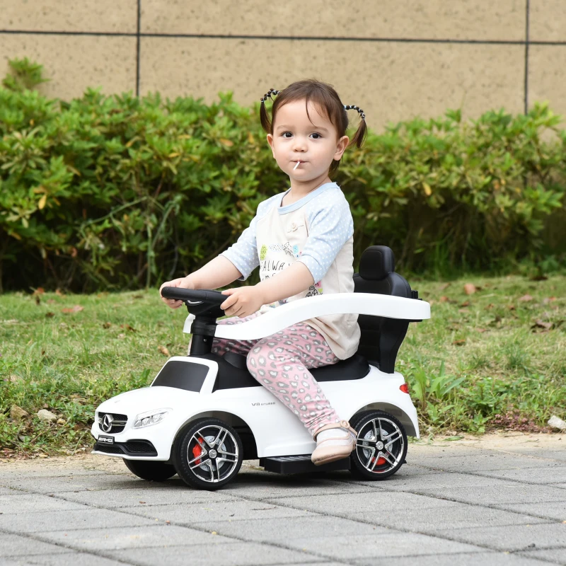 Aosom 3 in 1 Ride on Push Car Sliding Walking Car for Toddlers Kids with Sun Canopy, Horn Sound, Safety Bar, Cup Holder for 12-36 Months Boys Grils, White