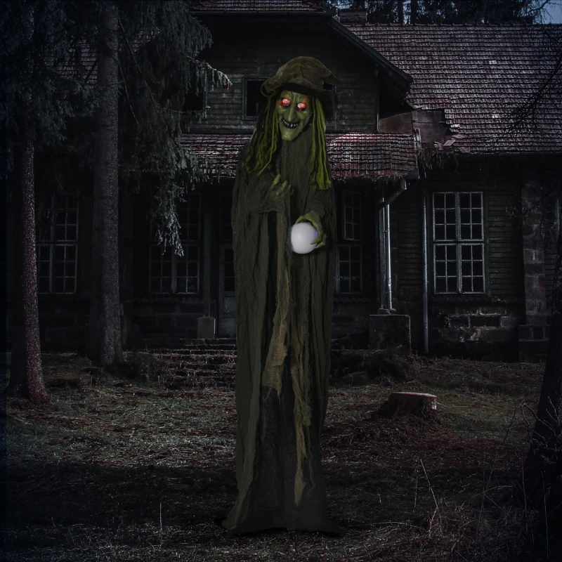 Outsunny 74" Life Size Outdoor Halloween Decorations Talking Zombie Witch, Animated Prop with Sound and Motion Activated Light Up Eyes and Multicolored Crystal Ball, Green
