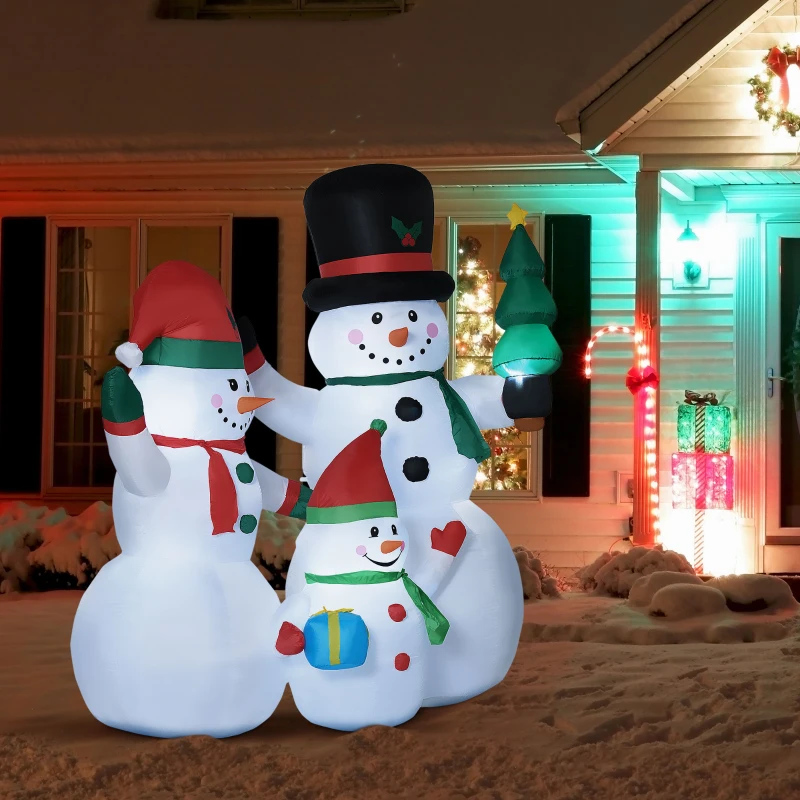 Outsunny 7ft Inflatable Christmas Snowman Family with Christmas Tree and Gift Box, Blow-Up Outdoor LED Yard Display for Lawn Garden Party