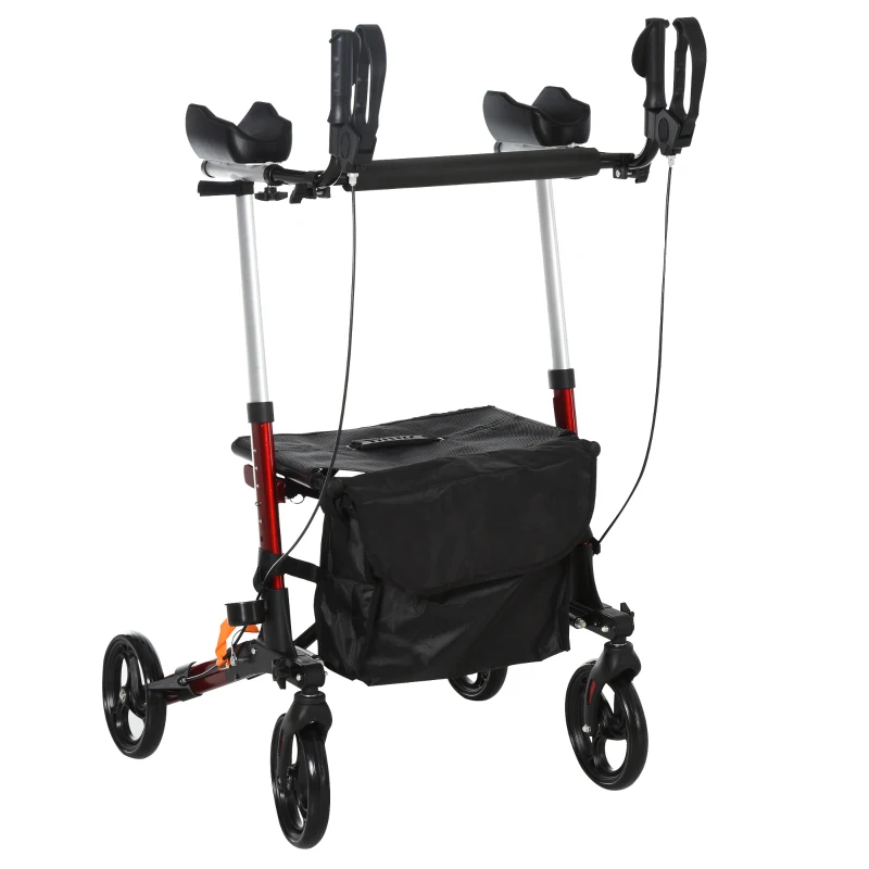 HOMCOM Folding Upright Rollator Walker Lightweight, Height Adjustment with Armrest, 1 Hand Folding Design with Removable Storage Bag, Crutch Holder Stand Up Walking Aid