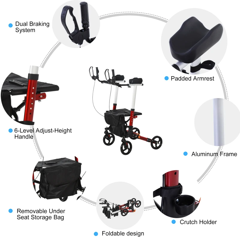 HOMCOM Folding Upright Rollator Walker Lightweight, Height Adjustment with Armrest, 1 Hand Folding Design with Removable Storage Bag, Crutch Holder Stand Up Walking Aid