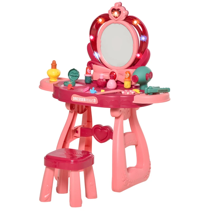 Qaba Kids Vanity Makeup Table Set with Chair, 36-Piece Princess Vanity Table and Comfortable Safe Stool, Imaginative Toy, Beauty Kits, Lights for 3 Years Old Red, Pink