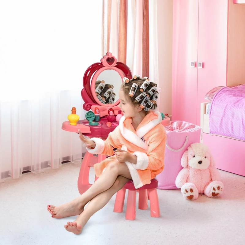 Qaba Kids Vanity Makeup Table Set with Chair, 36-Piece Princess Vanity Table and Comfortable Safe Stool, Imaginative Toy, Beauty Kits, Lights for 3 Years Old Red, Pink